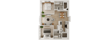 A top-down view of a well-organized kitchen and living room area.