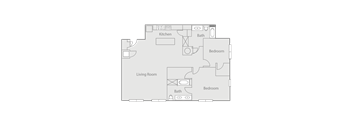 A floor plan of a house with a kitchen, living room, and two bedrooms.