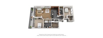 a 3d rendering of a 1 bedroom floor plan with a bathroom and a balcony