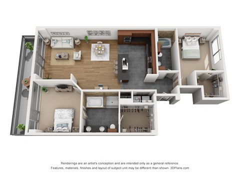 a 3d rendering of a 1 bedroom floor plan with a bathroom and a balcony
