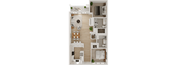 A detailed floor plan of a modern apartment with a kitchen, living room, and bedrooms.