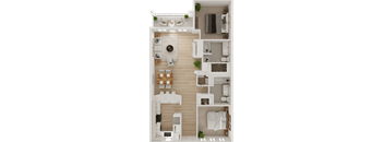 A top-down view of a house layout with a kitchen, living room, dining area, and bedrooms.