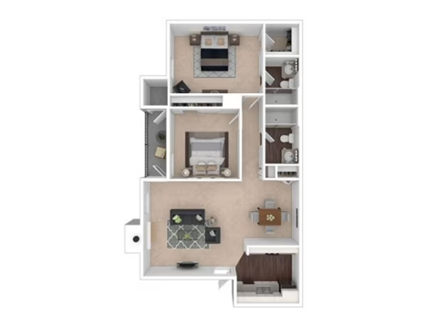 From the entry door at the bottom center, the kitchen is immediately ahead on the right, with the living room straight ahead and balcony access on the left. The first bedroom is located at the top left with an en-suite bathroom. The second bedroom is at the top right with a second bathroom located off the hallway outside the bedroom