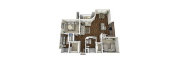 A 3D rendered image of a house layout.