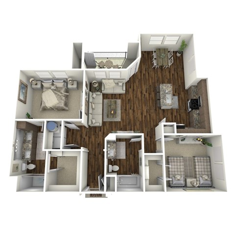A 3D rendered image of a house layout.