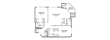 A floor plan of a house with a living room, two bedrooms, a bathroom, a storage area, and a patio/balcony.