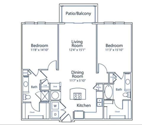 A floor plan of a small apartment with a living room, two bedrooms, a kitchen, and a dining room.