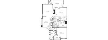 A floor plan of a home with a living room, dining room, kitchen, and two bedrooms.
