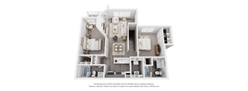 A 3D floor plan of a house with a kitchen, living room, and bathroom.