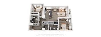 A 3D floor plan of a house with a kitchen, living room, and two bedrooms.