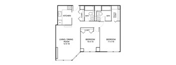 A floor plan of a house with a living room, two bedrooms, a kitchen, and two bathrooms.