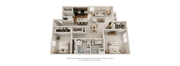 A 3D floor plan of a house with labeled rooms.