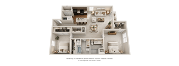 A 3D rendered image of a house layout.