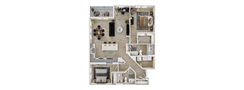 A top-down view of a house layout with a dining area, living room, kitchen, and bathroom.