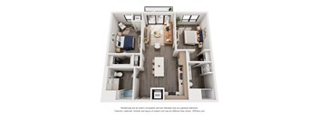 A 3D floor plan of a small apartment with a kitchen, living room, and bedroom.