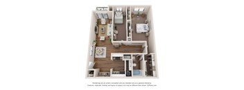 A 3D floor plan of a small apartment with a kitchen, living room, and bedrooms.