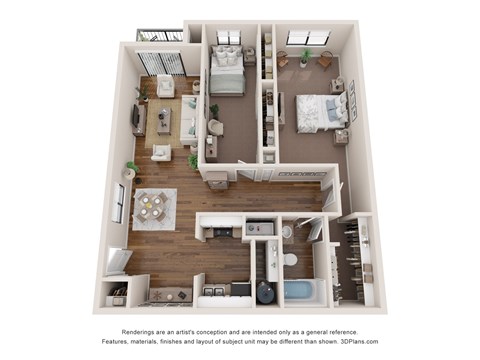 A 3D floor plan of a small apartment with a kitchen, living room, and bedrooms.