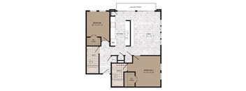 A floor plan of a small apartment with two bedrooms, a kitchen, and two bathrooms.