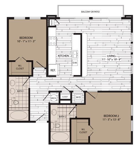 A floor plan of a small apartment with two bedrooms, a kitchen, and two bathrooms.