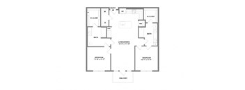 A floor plan of a house with two bedrooms, a living room, a dining room, a kitchen, a bathroom, a wine cellar, and a balcony.