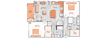 a floor plan of a one bedroom apartment with two bathrooms and a walk in closet