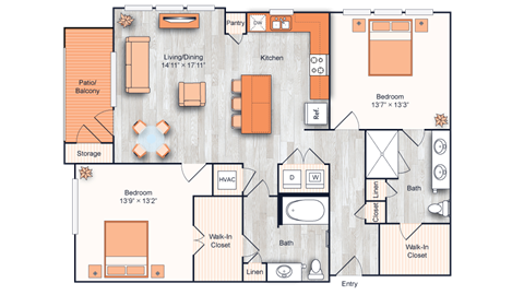 a floor plan of a one bedroom apartment with two bathrooms and a walk in closet