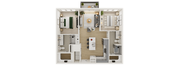 A top-down view of a well-organized apartment layout.