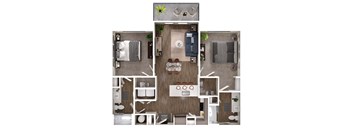 A floor plan of a house with a living room, kitchen, and two bedrooms.