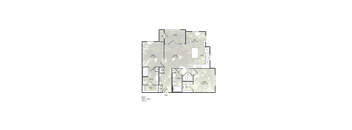 A floor plan of a house with a garage, living room, kitchen, and two bedrooms.