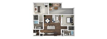 A floor plan of a house with a living room, kitchen, and two bedrooms.