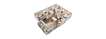 A 3D rendered image of a modern apartment layout.