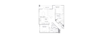 A floor plan of a house with a living room, kitchen, two bedrooms, a bathroom, and a balcony.