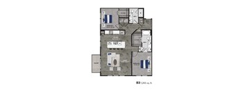 A floor plan of a 1,265 square foot home with two bedrooms, a living room, a kitchen, a bath, and a balcony.