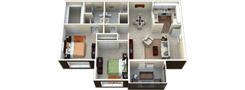 a 3d rendering of a floor plan with bedrooms and a living room
