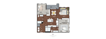 A floor plan of a two-bedroom, two-bathroom apartment.
