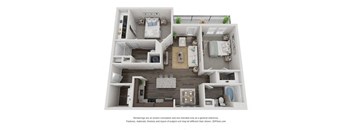 A 3D floor plan of a house with a kitchen, living room, and two bedrooms.