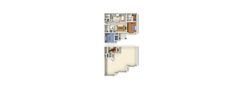 A floor plan of a two-story house with a kitchen, living room, and bedrooms.