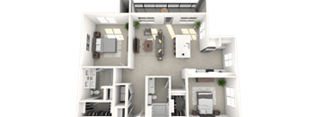 A 3D rendered image of a house layout.