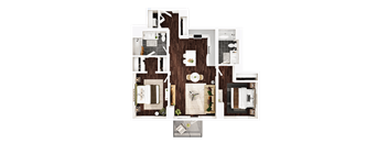 A top-down view of a house layout with a kitchen, living room, and bathroom.