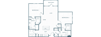 A floor plan of a house with a balcony, two bedrooms, a dining area, a live area, a kitchen, a pantry, two bathrooms, and a utility space.