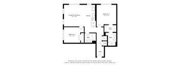 A black and white drawing of a house layout with two bedrooms, a living/dining room, a kitchen, and two bathrooms.