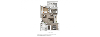 A floor plan of a small apartment with a kitchen, living room, and two bedrooms.