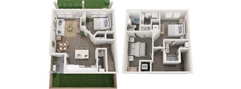 A floor plan of a two bedroom apartment with a living room, kitchen, and bathroom.
