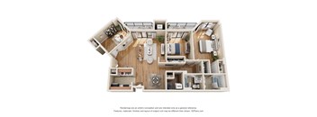 A 3D floor plan of a house with a kitchen, living room, and bathrooms.