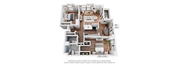 A 3D floor plan of a house with a kitchen, living room, and two bedrooms.
