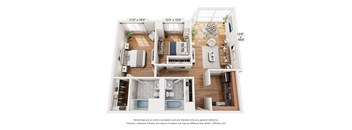 A 3D floor plan of a house with a living room, kitchen, and bathroom.