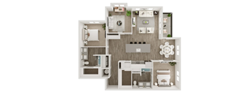 A 3D floor plan of a house with a kitchen, living room, and bathroom.