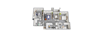 3d furnished floor plan of a 1 bedroom apartment