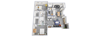 a 3d rendered floor plan of a 3 bedroom apartment