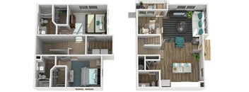 A floor plan of a two-bedroom apartment with a kitchen and living room.